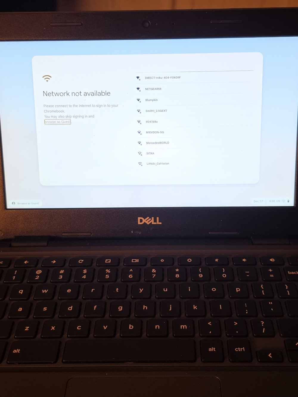 Dell Black Chromebook with Visible Network Screen